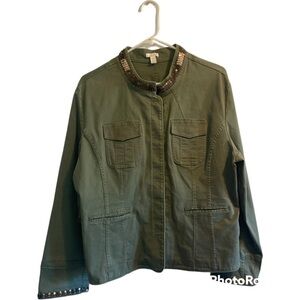 Apt. 9 Womens XL Green Army Style Jacket Copper Sequins On Collar Long Sleeves